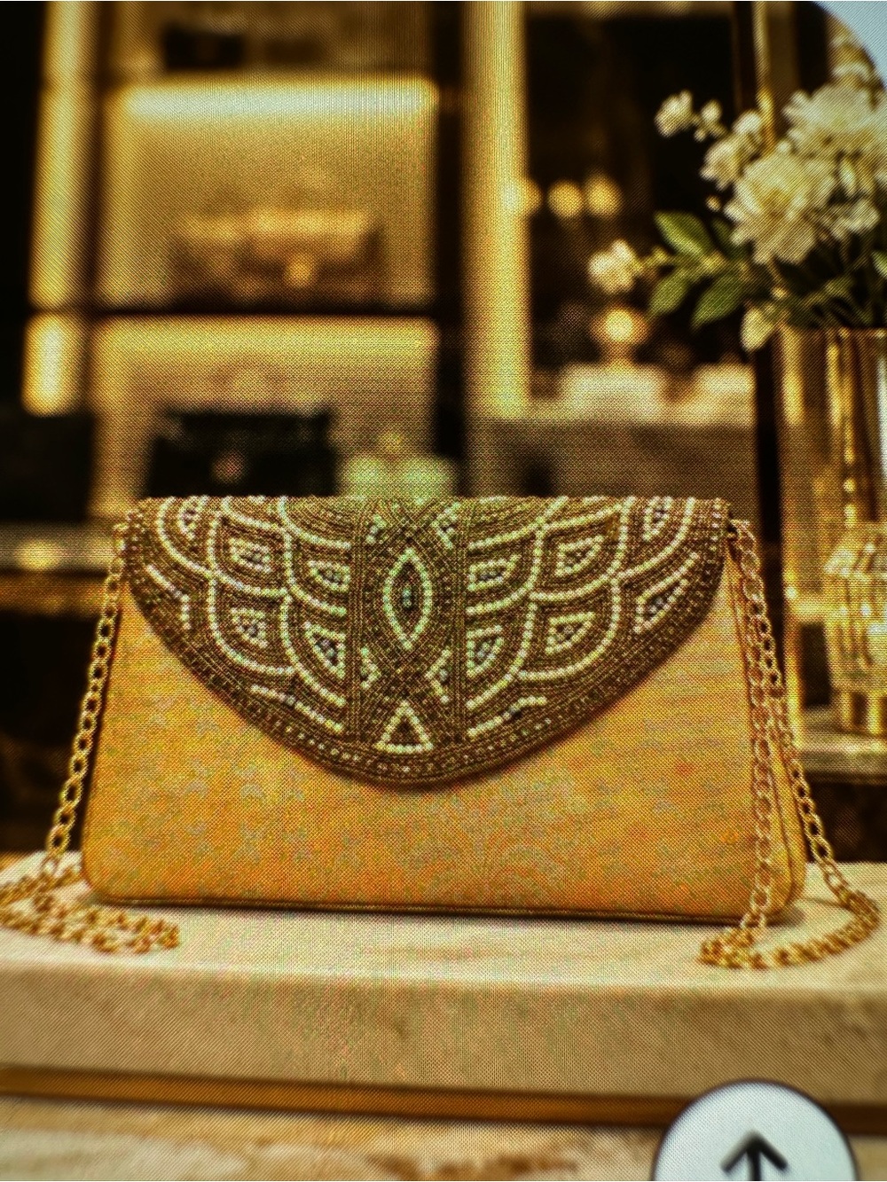 Gold Beaded Evening Clutch with Chain Strap - Gold